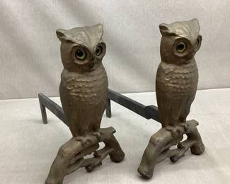 Boston B.A. Co. Cast Iron Owl Andirons w/Glass Eye
