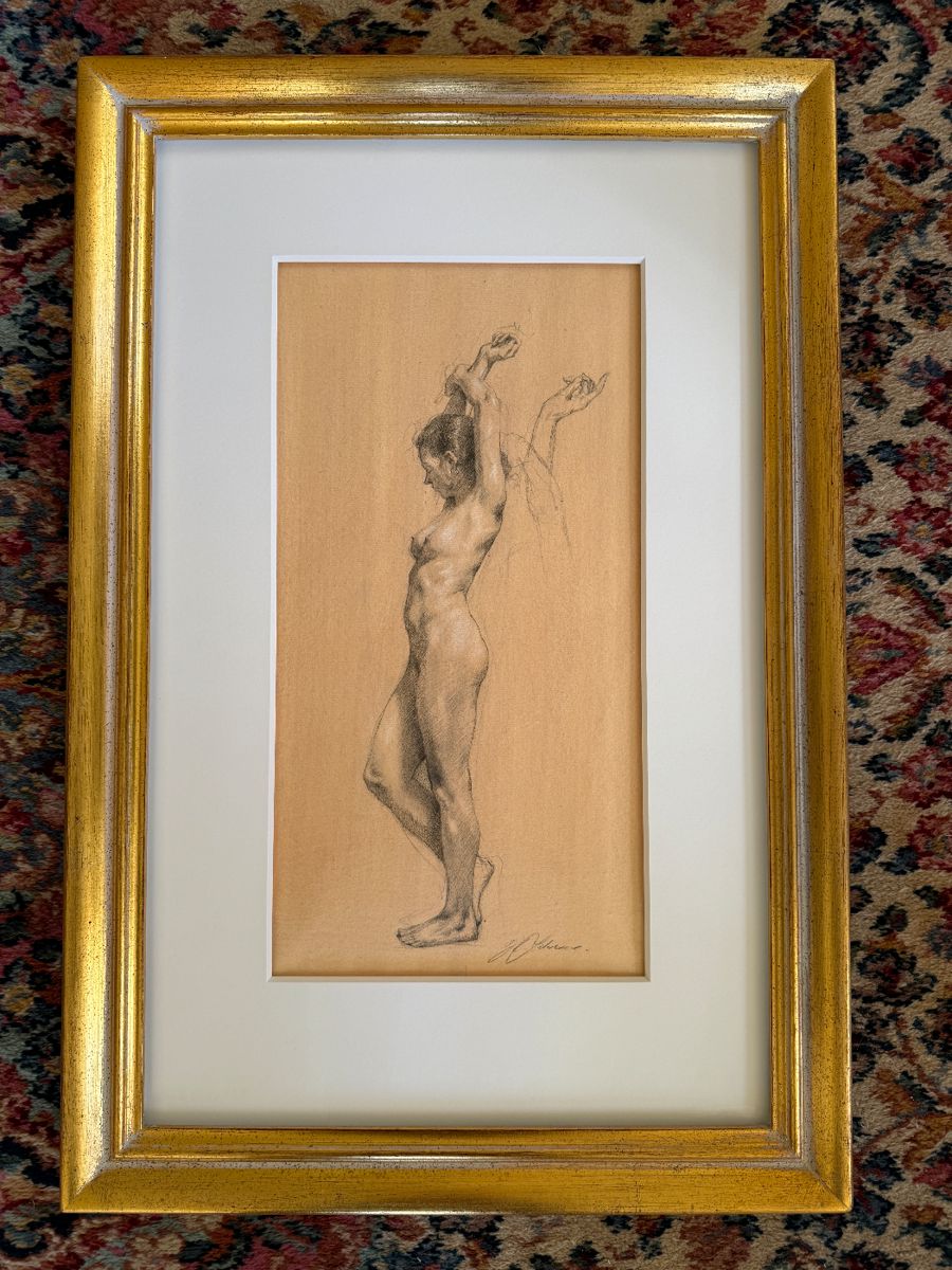 Framed Original Graphite & White Chalk on Paper "Study of a Nude" 17-1/2"H x 9"W Signed R. Liberace (Robert Liberace) 2003