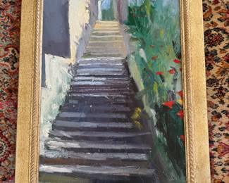 Framed Original Oil on Canvas "Stairway By the Garden" Signed Sacha Mobarak 8.31.96
