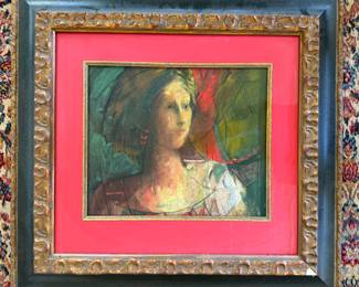 Framed Original Oil on Tempera red - Byzantine Lady 13"W x 16"L  Signed Juan Dedios 69