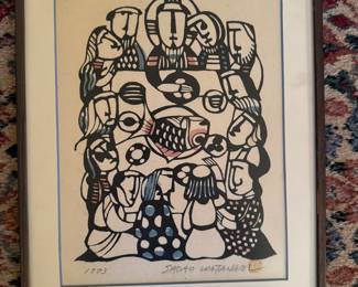 Framed Original Kappazuri Stencil with Hand Color on Japanese Washi "The Last Supper" Signed Sadao Watanabe 1973