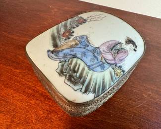 Antique Chinese Hand-Painted Porcelain & Silver Plate Patch Box 
