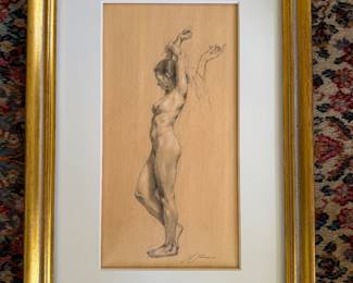 Framed Original Graphite & White Chalk on Paper "Study of a Nude" 17-1/2"H x 9"W Signed R. Liberace (Robert Liberace) 2003