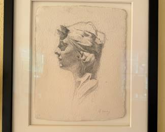 Framed Original Graphite on Paper "Portrait of  Rodin" Signed John Murray 12"H x 10"W 