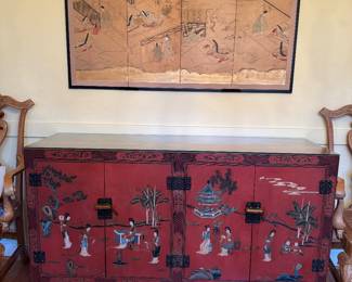 Chinese Red Lacquer Hand Painted 4 Door / 2 Interior Drawer Side Cabinet (64"W x 18"D x 34"H)