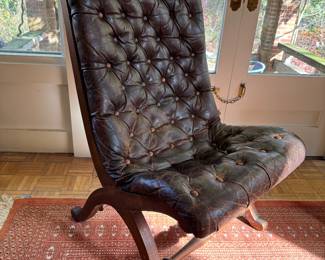 Mid-Century Tufted Brown Leather Chair with Wooden Base by Pierre Lottier for Valenti: Made in Spain