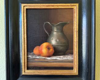 Framed Original Oil on Canvas, Still Life of Pewter Pitcher & Peaches - 8"W x 12.5"L Signed Mark Anthony Gucciardi 2005