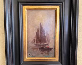 Framed Original Oil on Panel "LongBoat and Sloop" 11"W x 14”L Signed Van Horen