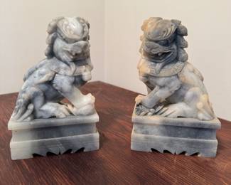 Pair of Marble Foo Dog Carved Bookends