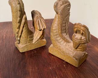 Asian Heavy Carved Dragon Marble Bookends