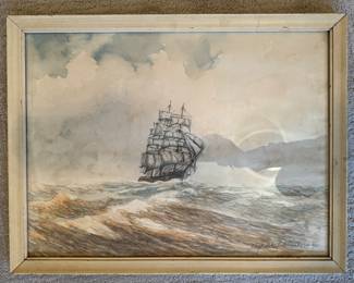 Framed Original Watercolor on Paper Seascape Signed Joseph Anthony Atchison F.R.S.A 1952