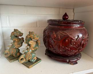 Porcelain Chinese Dragon Bookends & Vintage wooden bowl