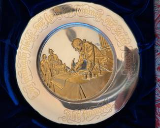 Solid Sterling Silver Inlaid & Electroplated with 24 Karat Gold Official Bicentennial Year Commemorative Plate "John Hancock"