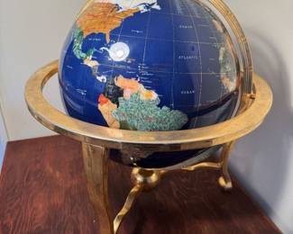 Vintage Large Blue Lapis Gemstone Art World Globe on Brass Stand with Compass