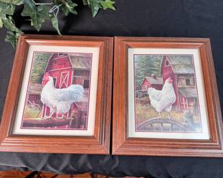 Marilyn Rea rooster prints in wood frames 13" x 10"
