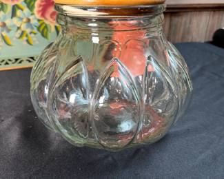 Large bulbous glass canister with wooden lid 8"H x 8"W