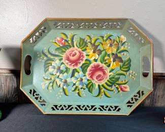 Tole painted tray with pierced sides 18" x 13"