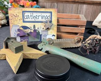 Group of rustic decor and small wooden crate 10"L