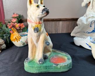 Chalkware German shepherd tall figurine with trinket dish 10"H