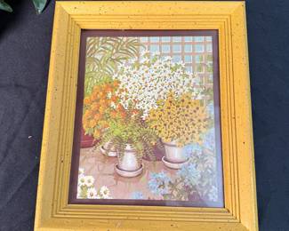 Vintage floral print in bright yellow frame 15" x 12"