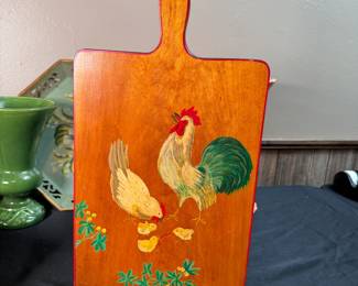 Handpainted cutting board with rooster, hen and chicks 18" x 10"