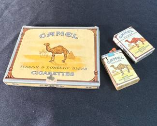Camel paper cigarette box and two lighters