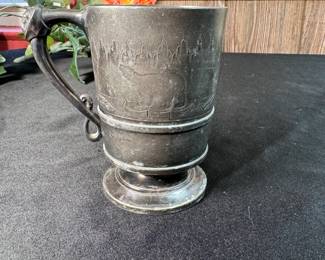 Rogers & Bros. triple plate handled mug with Alaskan theme with man's face on handle and etched polar bears, monogrammed 4"H