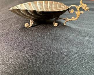Vintage silver-plated nut dish with dragon handle 3"W