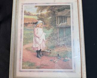 Vintage print of farmgirl feeding rabbits 10" x 8"
