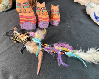 Wooden cat figurines (tallest is 4") and walking man dreamcatcher
