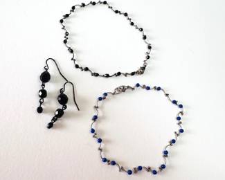 Jewelry Lot #6 blue and black beaded & wired bracelets 9" and earrings