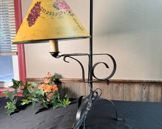 Wrought iron lamp with hand-painted metal shade, candle (bulb) cover shows some wear & may need a part or two 24"H, shade is 11"W