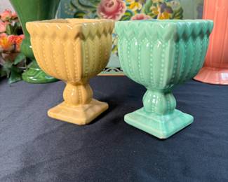 Green and yellow ceramic planters 5"H