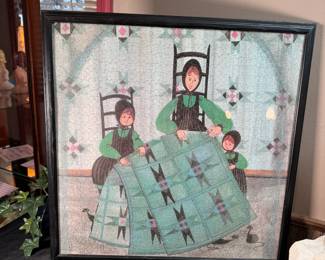 Large P. Buckley Moss framed puzzle of family quilt 24" x 24"
