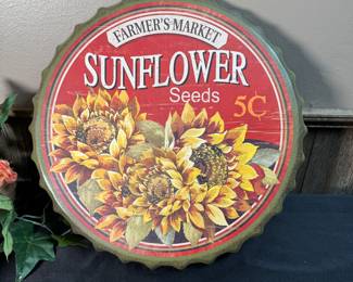 Oversized metal bottle cap wall plaque of farmer's market sunflower seeds (modern) 13"