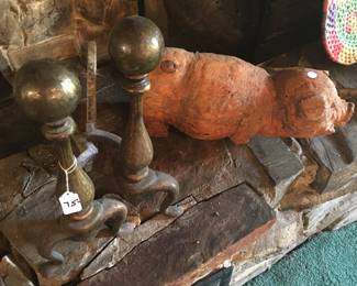 Carved wooden pig, andirons 