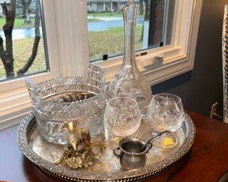 Cut glass wine decanter with glasses