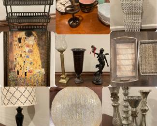 Metal Spice Rack, assorted items, Metal Wall Hanger, Framed Poster “The Kiss”, assorted, Wooden Tray, Basket Tray, Black Lamp w/Cream Shade, Large Oversized Decorative Plate, Tall Silvered Candlesticks 