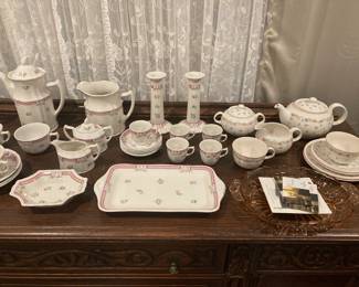 Laura Ashley “Rosebud” Tea Set with candlesticks, creamer, sugar, tray, cups/ saucers etc 