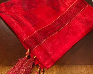 Red Sheer Tablecloth Decorative Cover/Square with Tassels, with printed musical instruments  