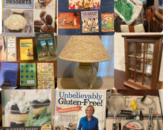 Gluten Free Cookbooks, Children’s Books, Produce Bags, Purses, Assorted Books, Lamps, Tabletop Curio Display Cabinet with glass shelves, Assorted Kitchen Gadgets 