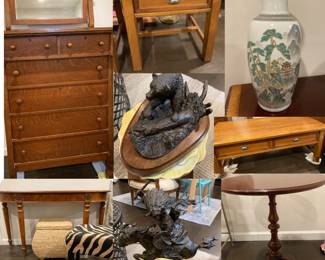 Dresser with attached mirror, Pottery Barn coffee table with matching end tables from the early 2000’s, Large oversized Asian vase, Console table, wicker/rattan storage (top comes off), small accent table, bronze bear, bronze Indian on horseback (perfect for a western themed office/home). 