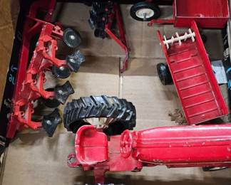 VINTAGE METAL TOY TRACTOR, TRAILERS, AND IMPLEMENTS