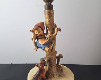 W. Goebel signed Lamp Culprits with young girl & dog "Out of Danger" - needs rewired