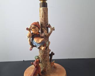 1936 W. Goebel signed lamp Culprits with young girl & dog "Out of Danger" - needs rewired