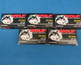 Lot 164. Wolf 223 Rem&nbsp; 55 grain FMJ.&nbsp; Five full boxes of 20 each.&nbsp; 100 total rounds.