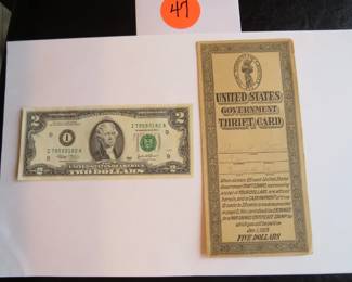 Lot 47. $2.00 bill Series 2003 and an antique U.S. Government Thrift Card from pre-1923