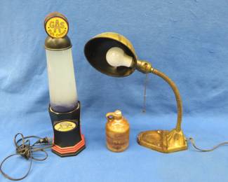 Lot 145. Lava lamp, steel desk lamp, and a small jug and five lamp shades. See photos for more items