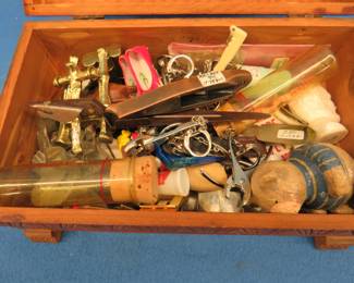 Lot 207. Jewelry box filled with small collectibles