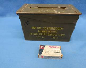 Lot 75. Ammo box and five Federal 12 gauge rifled slugs